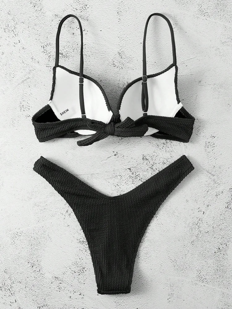 Sexy Underwire Bikini 2026 Women Black Ribbed Push Up Bra Thong Swimsuit Brazilian Beach Bathing Suit Holiday Swimwear Biquini