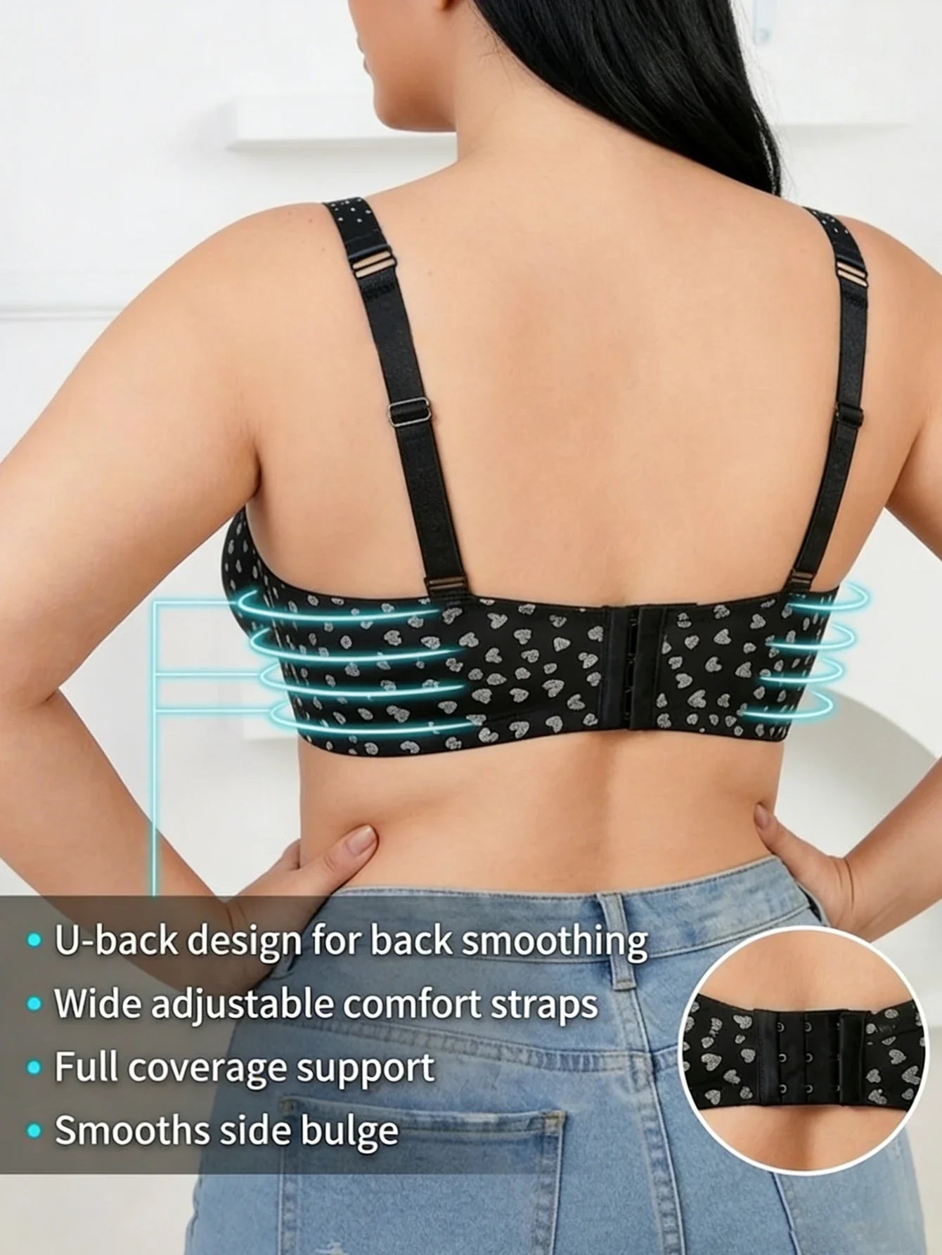 Women's Plus Size Push Up Bra Rhinestone Wide Shoulder Strap Underwear Comfortable Side-Breast-Enhancing Underwire Bra