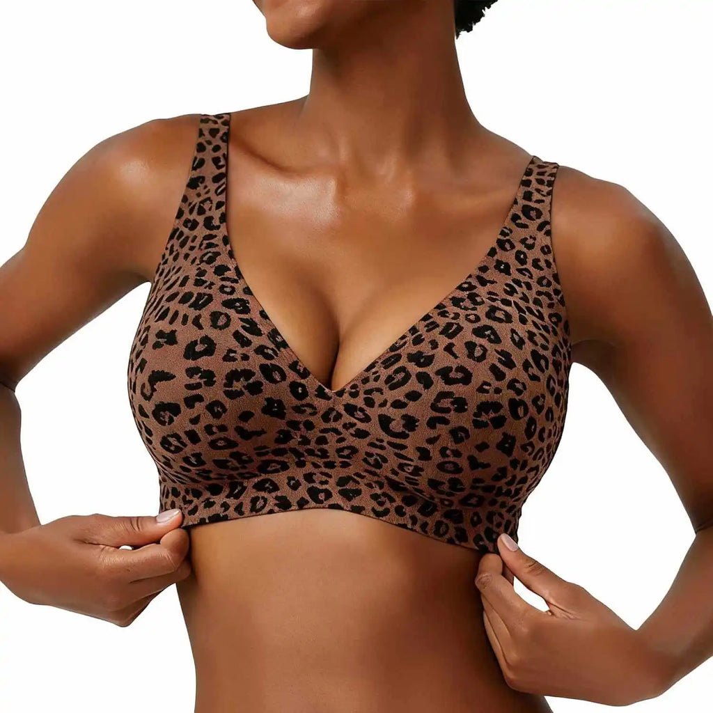 Women's Seamless Pink Leopard Print Bra Wire-Free Bra Full Cup Soft Thin Mold Support Breathable and Beauty Deep V Plus Up Bra