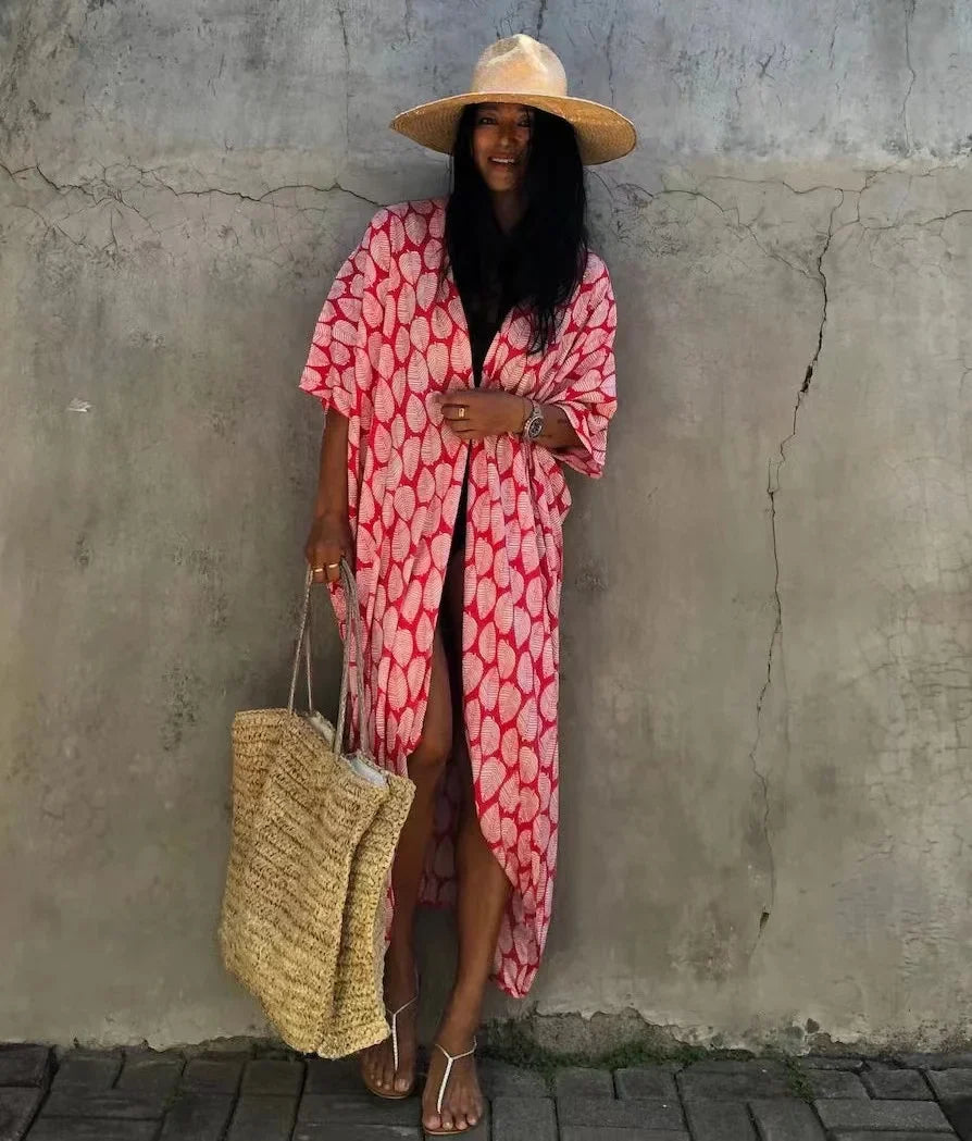 2024 New Summer Sexy Beach Kimono Swimwear Cotton Cover Up Swimsuit Women Print Bikini Cover Up Beachwear Dress Robe