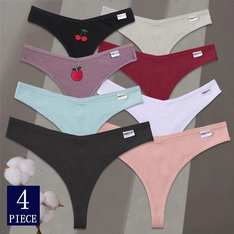 4Pcs/set Cotton Thongs Women Low-Rise Bikini Underwear M-XL Comfortable G-string Female Fruit Embroidery T-Back Panties Lingerie