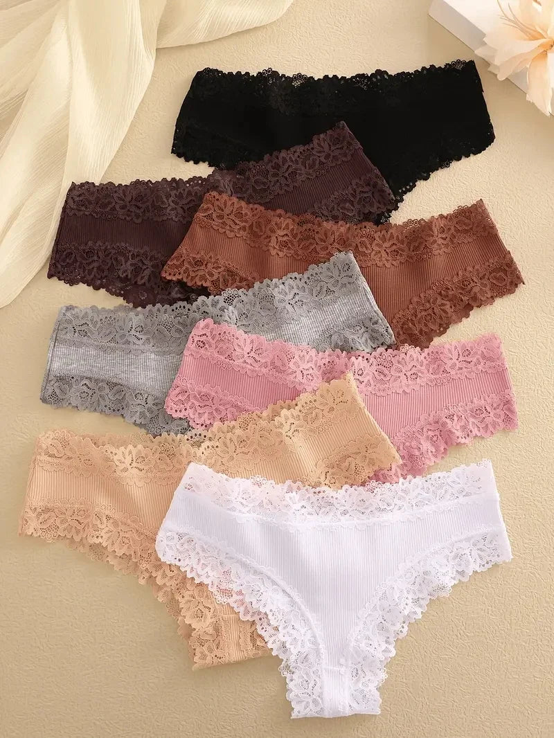 3Pcs Women Cotton Brazilian Pants Sexy Lace Brazilian Briefs Low Waist Floral Solid Color G-string Breathable Soft Lingerie
