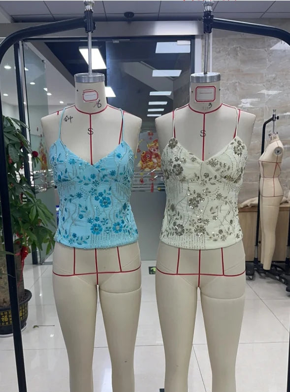 Fashion Chiffon Sleeveless Backless Tops Sexy Deep V-neck Beading Sequin Flower Summer Back Bandage Vest Women Camisole