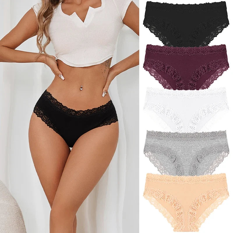 5PCS/Set Women Cotton Panties Sexy Lace Low Waist Briefs Stretch Comfortable Ladies Underwear Soft Breathable Intimate Lingerie