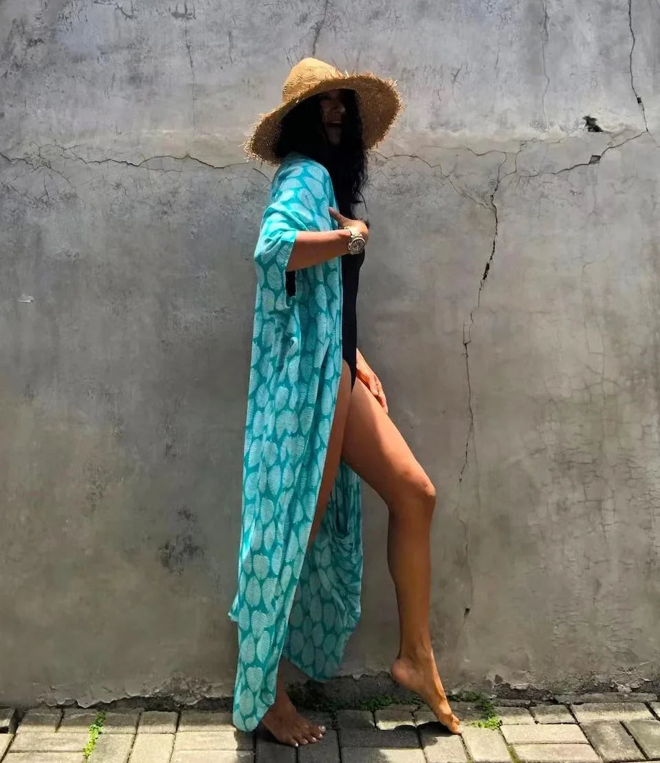 2024 New Summer Sexy Beach Kimono Swimwear Cotton Cover Up Swimsuit Women Print Bikini Cover Up Beachwear Dress Robe