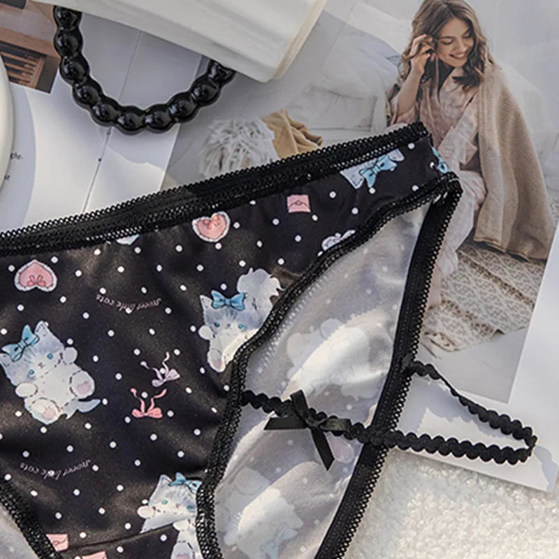 Girls Panties Thin Sexy Japanese Cute Cat Women Briefs Ice Silk Lady Thong Underwear Female Low Waist G String Lingerie