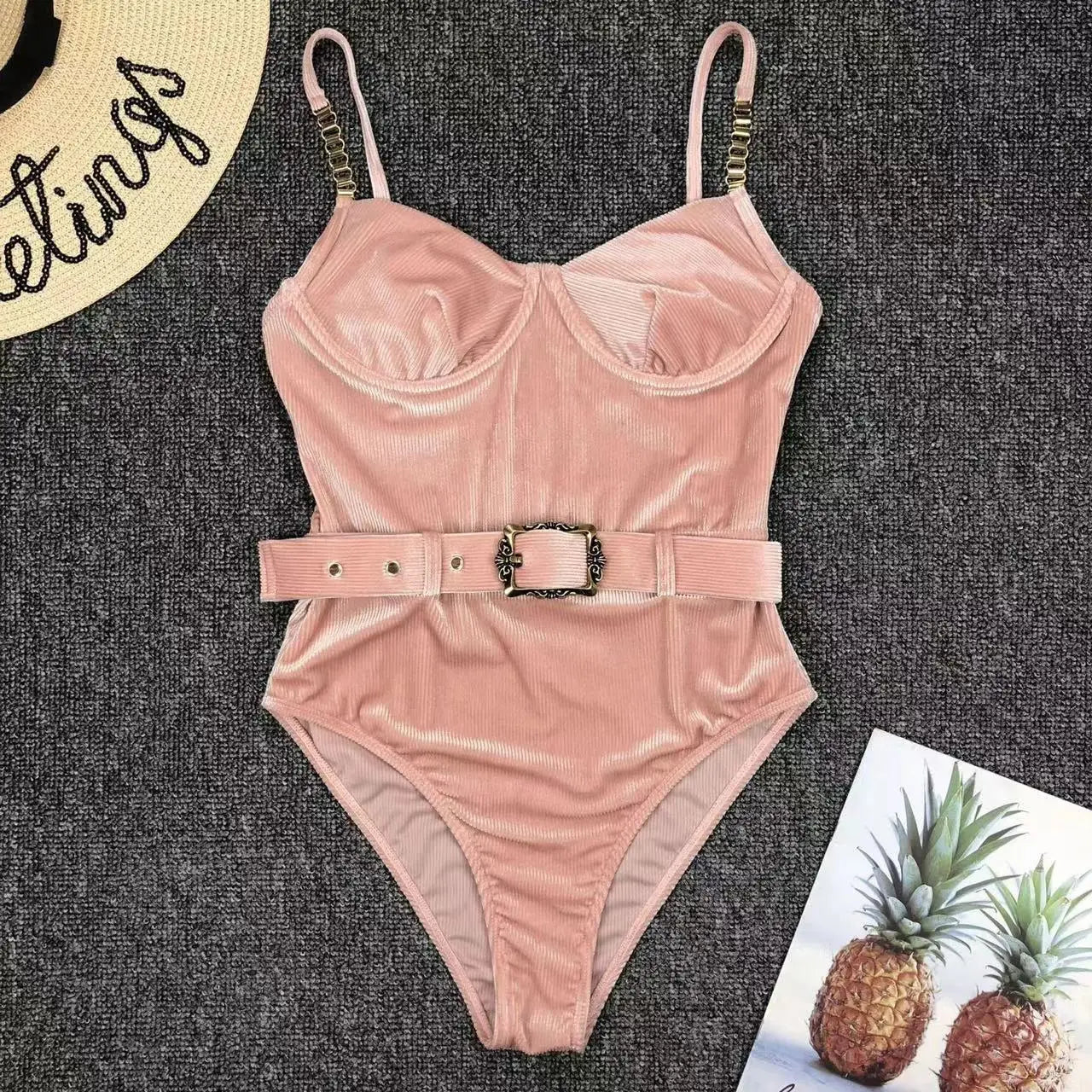 2024 New Sexy Velvet One-Piece Black Bikini Belt Swimsuit Women Solid Push Up Swimwear Female Brazilian Beach Bathing Suit