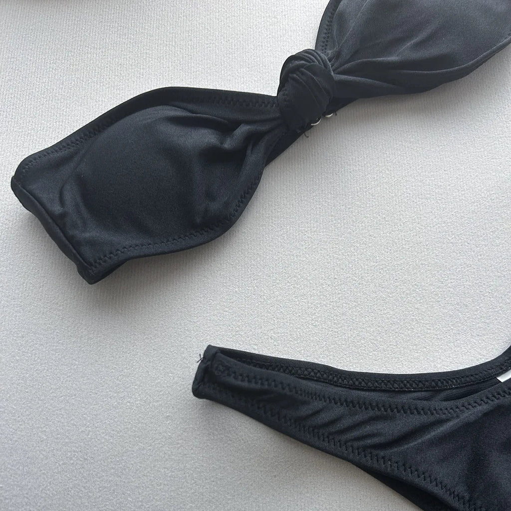 Sexy Front Tie Bow Bikini Set Women Black Bandeau Push Up Bra Micro Swimsuit 2024 Beach Bathing Suit Thong Swimwear Biquini
