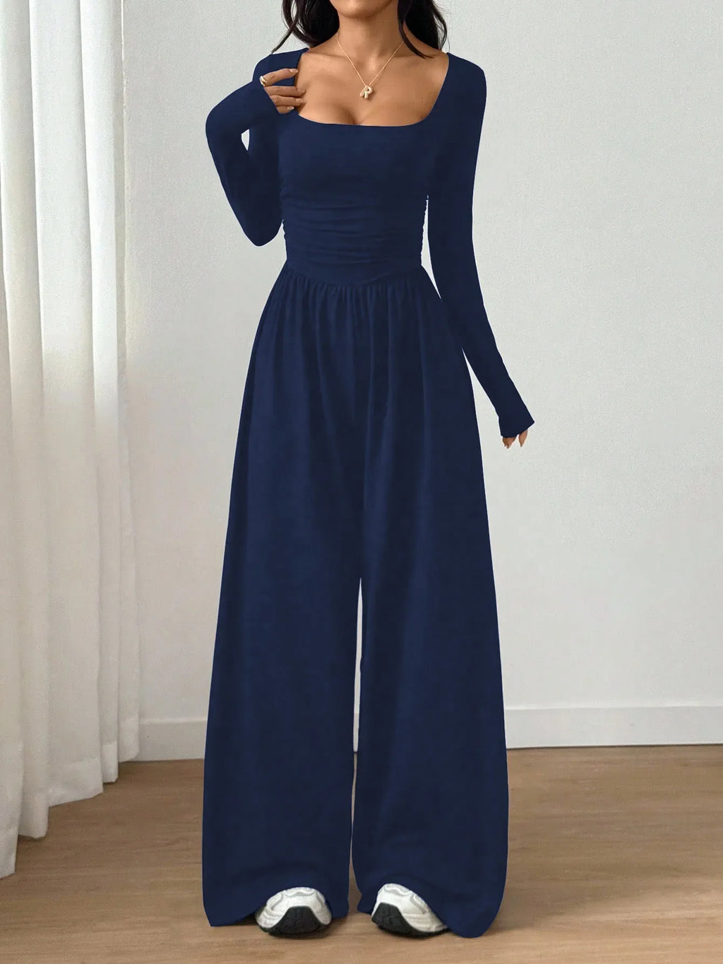 Women's Casual Solid Color Square Neck Long Sleeve A-Line Jumpsuit Pleating Wide Leg Loose Mopping Jumpsuit Spring/Fall 2026