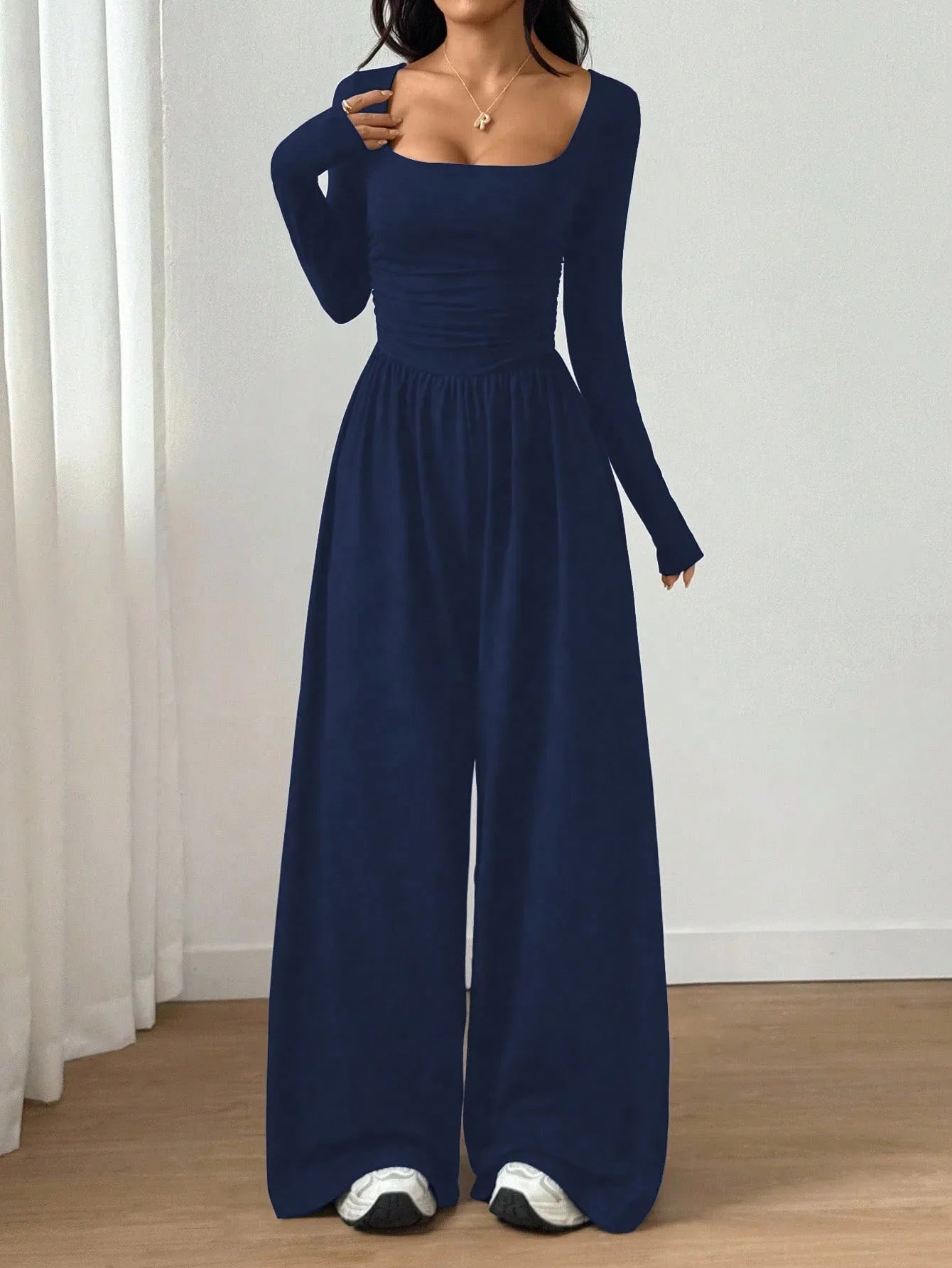 Women's Casual Solid Color Square Neck Long Sleeve A-Line Jumpsuit Pleating Wide Leg Loose Mopping Jumpsuit Spring/Fall 2026