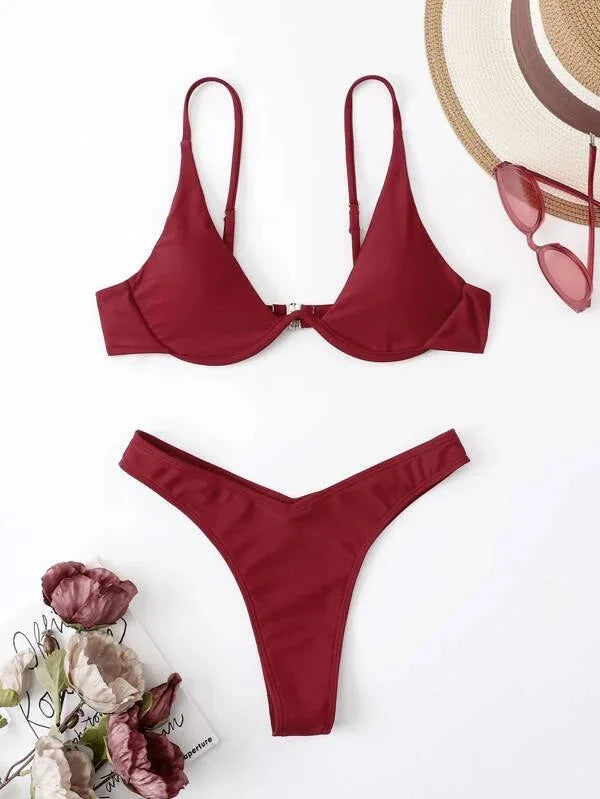 Sexy Underwire Bikini 2026 Mujer Women Solid Red Push Up Bra Thong Swimsuit Haler V Neck Bathing Suit Mini Micro Thong Swimwear