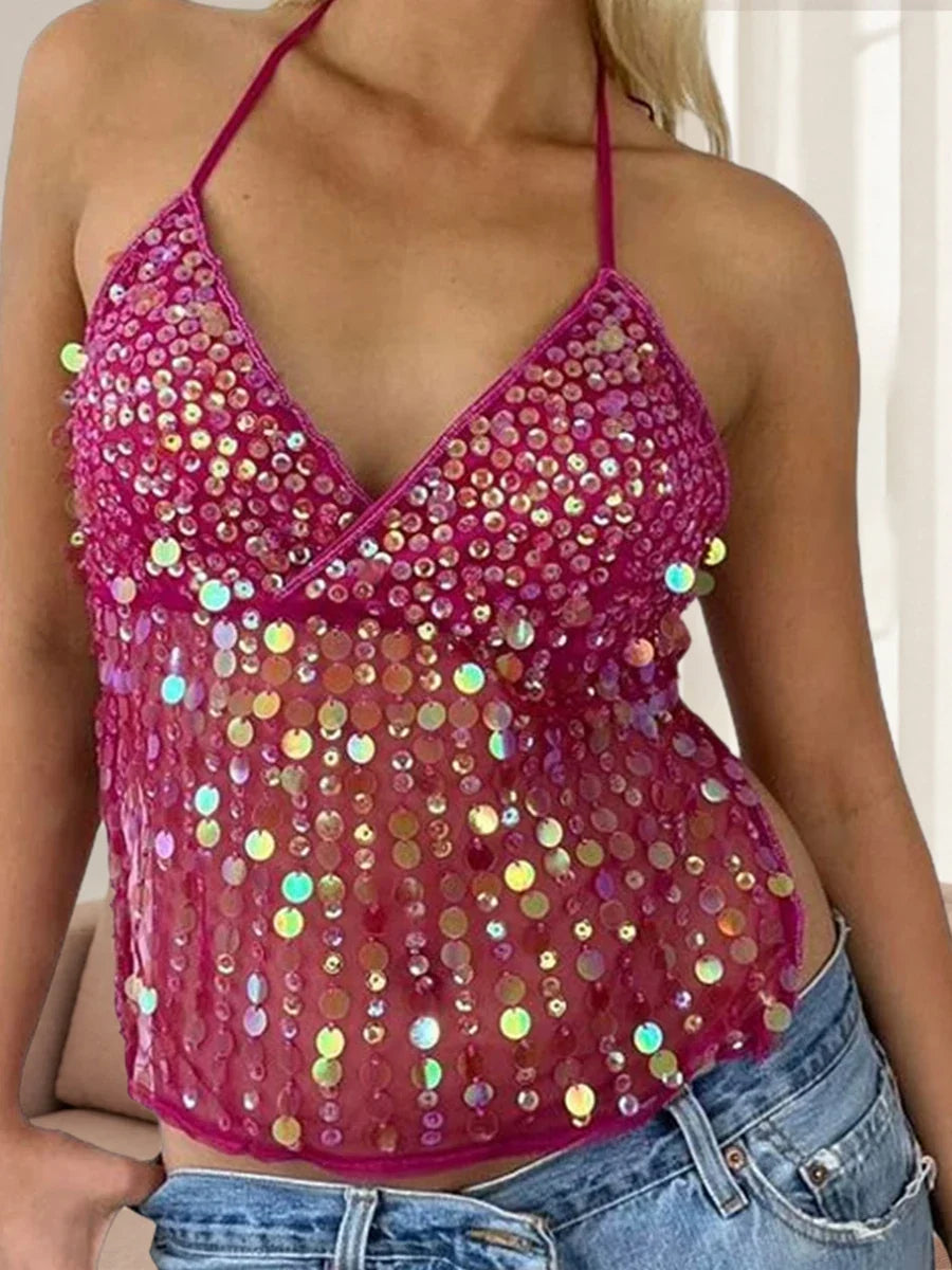 Women's Solid Color Halter Neck Crop Tops Summer Sleeveless V neck Open Back Slim Fit Tie Up Sequins Camis Tops