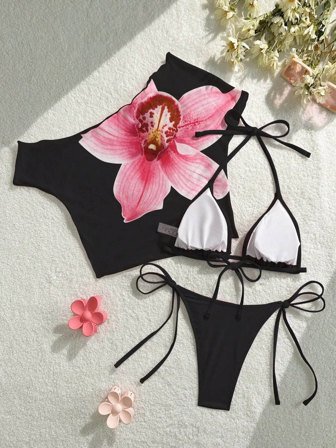 Sexy Pink Floral Print Short Sleeve Cover Up 3 Piece Bikini Set 2026 Women Push Up Thong Swimsuit Holiday Bathing Suit Swimwear