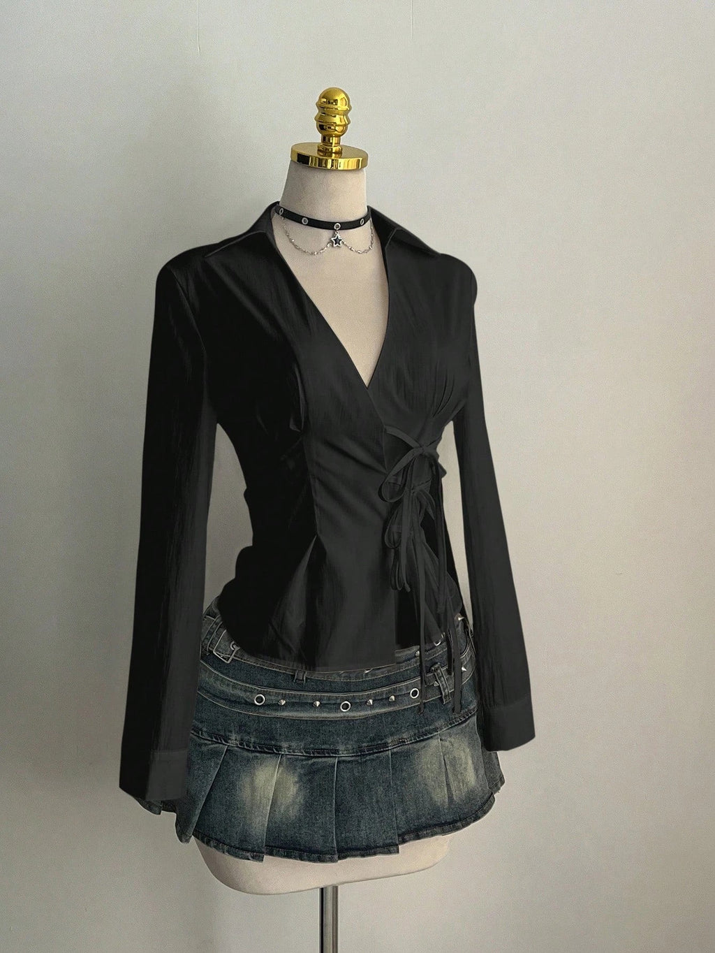 Women's Casual Side Strap Slim Fit Long Sleeve Shirt Sexy V-Neck Pleating Top Spring/Fall 2026