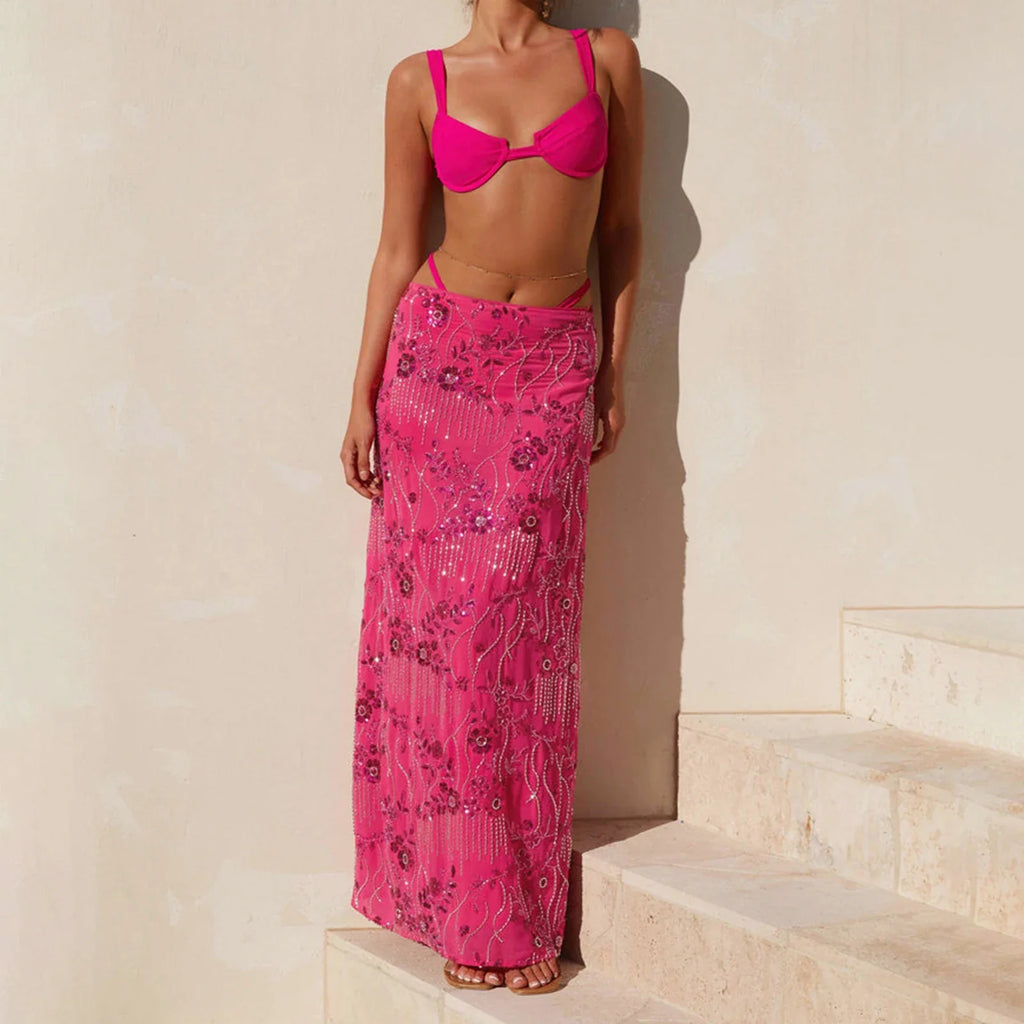 Elegant Beading Sequined Long Skirt for Women Summer Casual Floral Embroidery Maxi Straight Skirts for Beach Club Streetwear