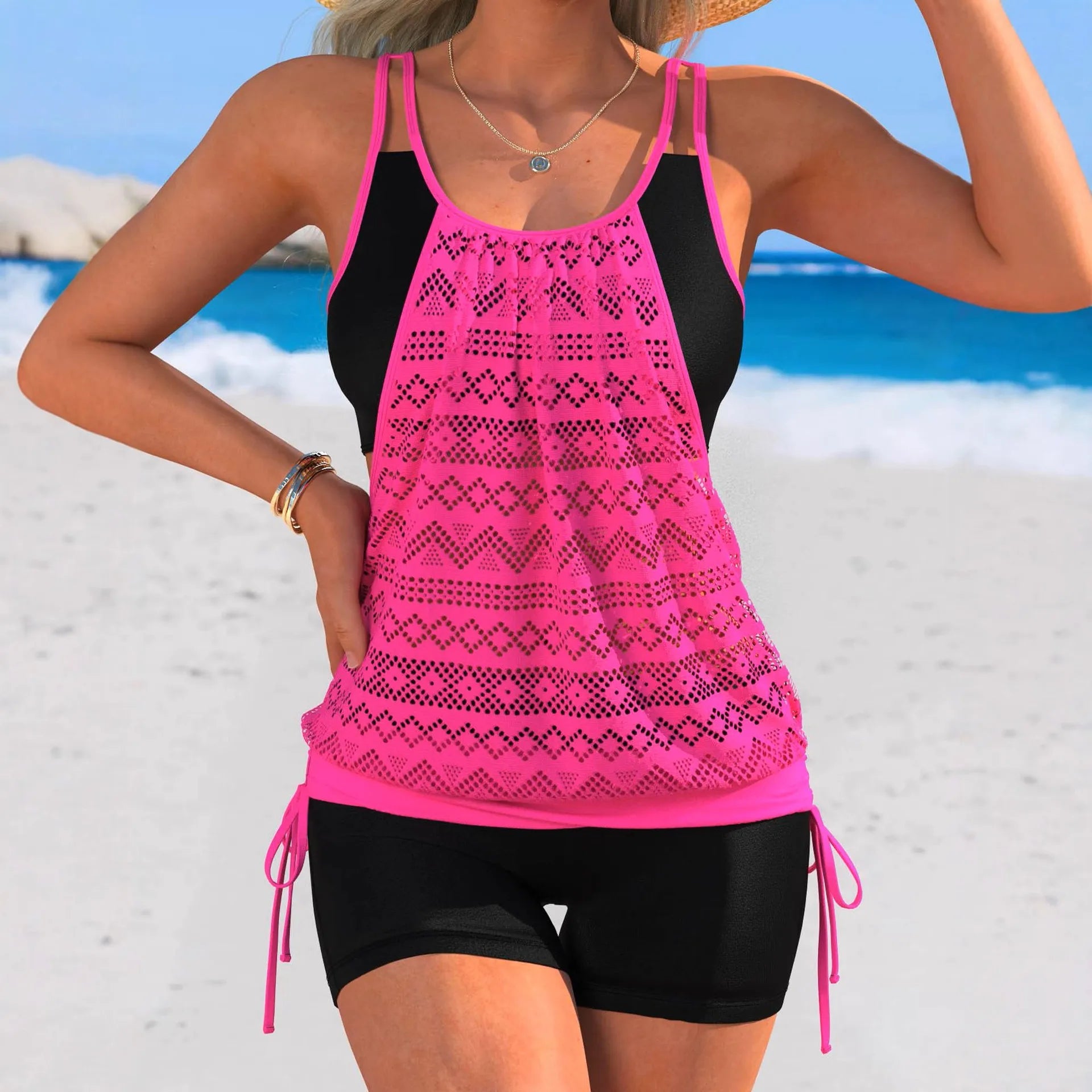 Hot Pink Patchwork Two Piece Swimsuit Women Drawstring Side Tank Top High Waist Short Tankini Beach Bathing Suit Swimwear 2026