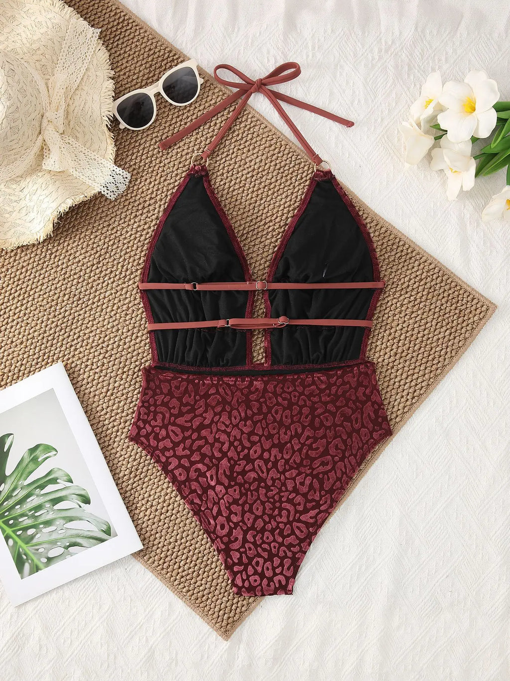 Vintage Wine Leopard Print Swimwear Women 2026 Deep V Neck Back Cross Tummy Control One Piece Swimsuit Holiday Bathing Suit