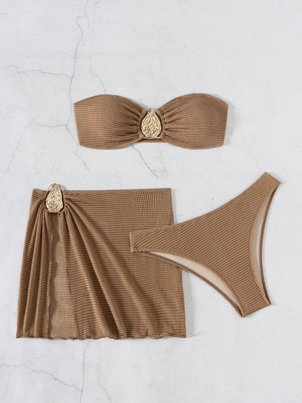 Sexy Bandeau Bikini Women Coffee Metal Water Droplet Ornament Push Up Mesh Skirt 3 Piece Swimsuit Beach Bathing Suit Swimwear
