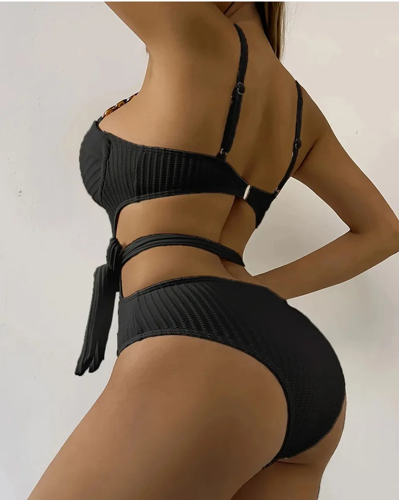 2026 Solid Color Wavy Fabric Bikini Set Cover Up Swimsuit For Women Push Up Ruffle One Pieces Swimwear Beach Bathing Suits
