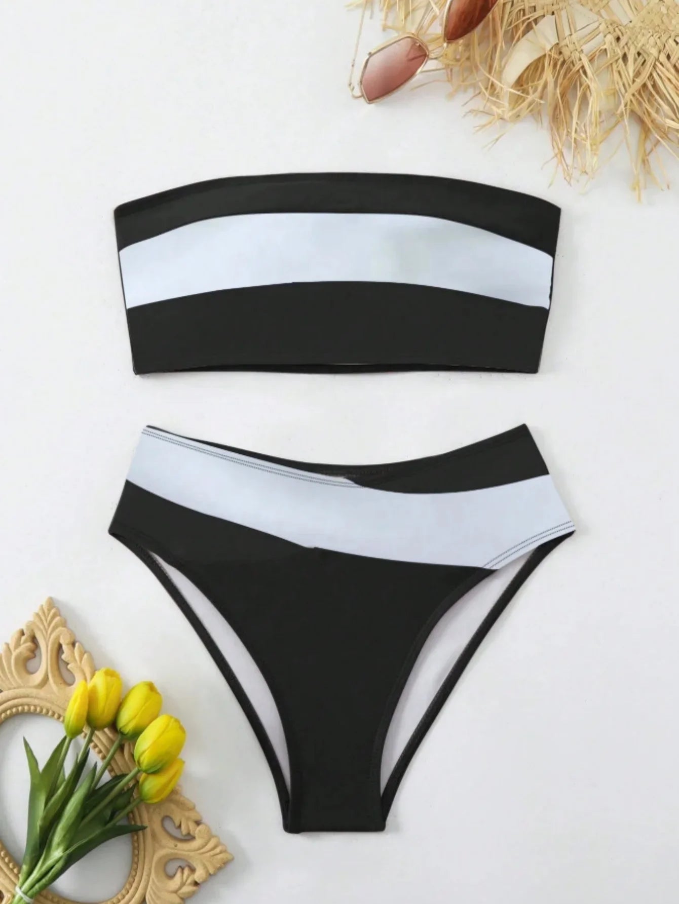 Sexy Bandeau Bikini 2026 Women Black Patchwork Striped Push Up High Waist Swimsuit Summer Bathing Suit 2 Piece Swimwear Biquini