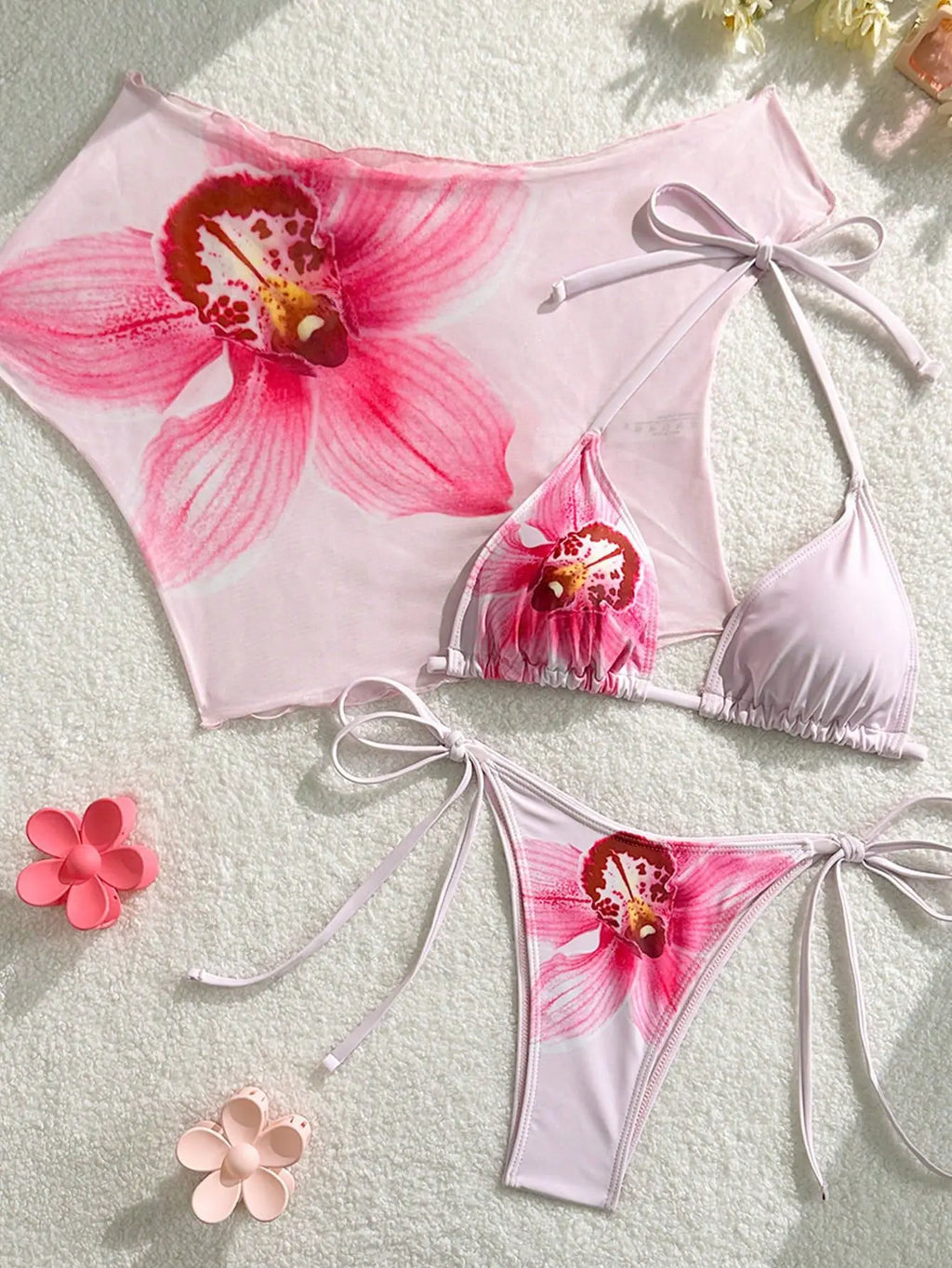 Sexy Pink Floral Print Short Sleeve Cover Up 3 Piece Bikini Set 2026 Women Push Up Thong Swimsuit Holiday Bathing Suit Swimwear