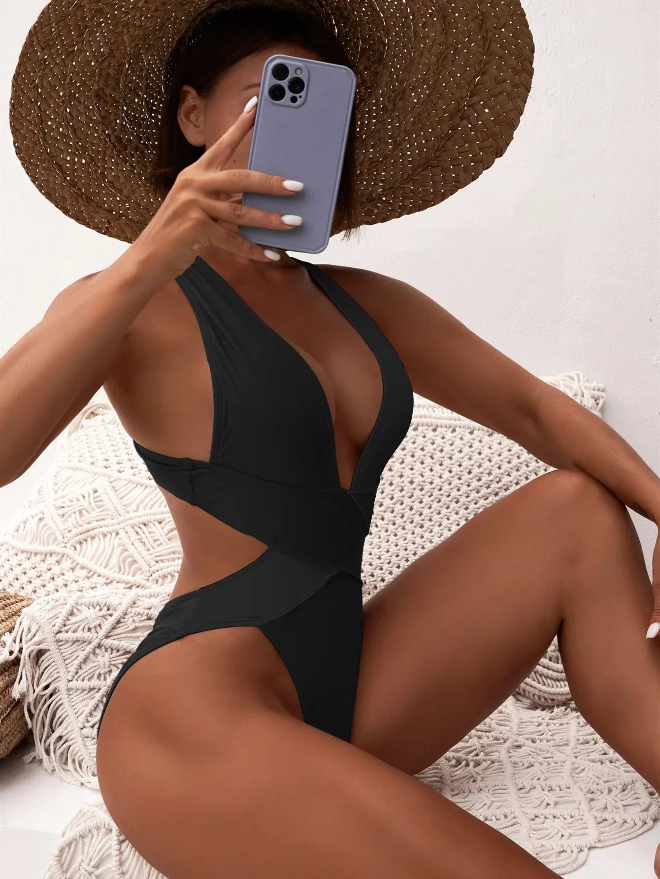 Deep V Neck One Piece Swimsuit Women Solid Red Black Criss Cross Backless Pleate Thong Bikini 2026 Beach Bathing Suit Swimwear