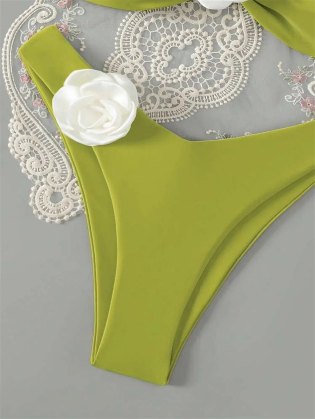 3D Flowers Bandeau Bikini 2024 Women Sexy Green Contrast Push Up Micro Swimsuit Bathers Bathing Suit Thong Swimwear Beachwear