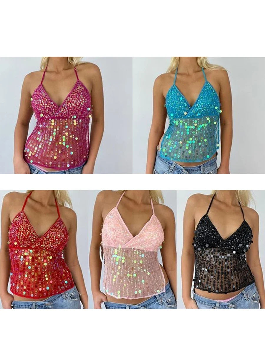 Women's Solid Color Halter Neck Crop Tops Summer Sleeveless V neck Open Back Slim Fit Tie Up Sequins Camis Tops