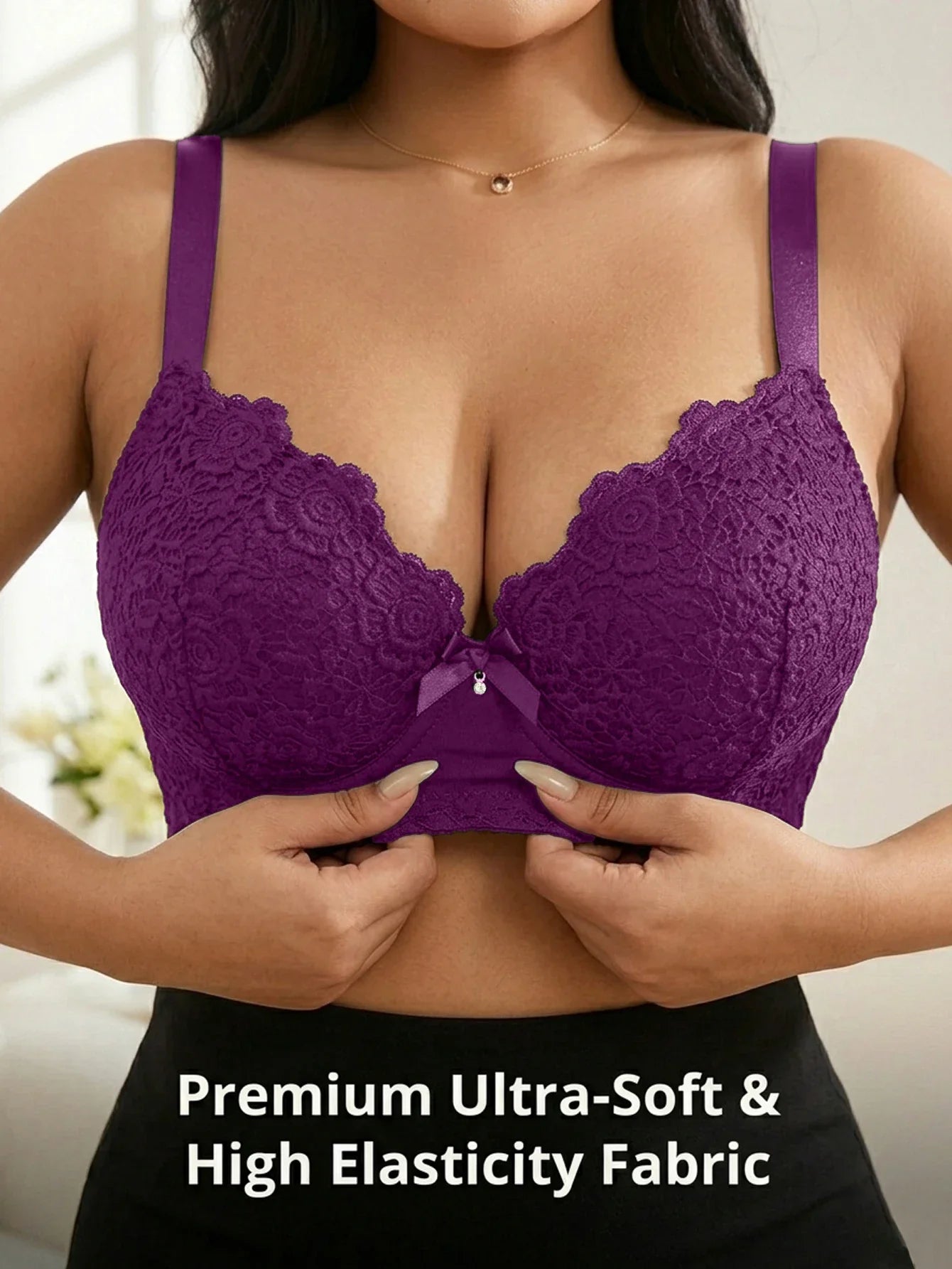 Women's Plus Size Lace Push Up Bra Underwire Side Support Anti-Sagging with Wide Adjustable Straps Brassiere