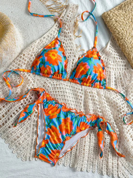 Cute Orange Floral Print Bikini Set Women Halter Ruffles Push Up Tie Side Thong Swimsuit 2026 Summer Bathing Suit Micro Swimwear