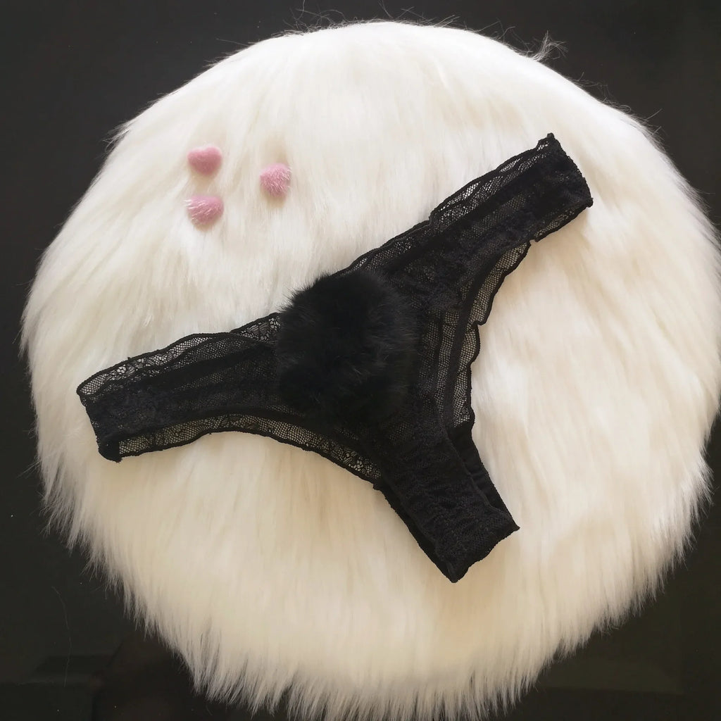 Sexy Panties Cute Rabbit Tail Women's Thong Lace Briefs Transparent Underwear Comfort Breathable Low Rise G string Underpants