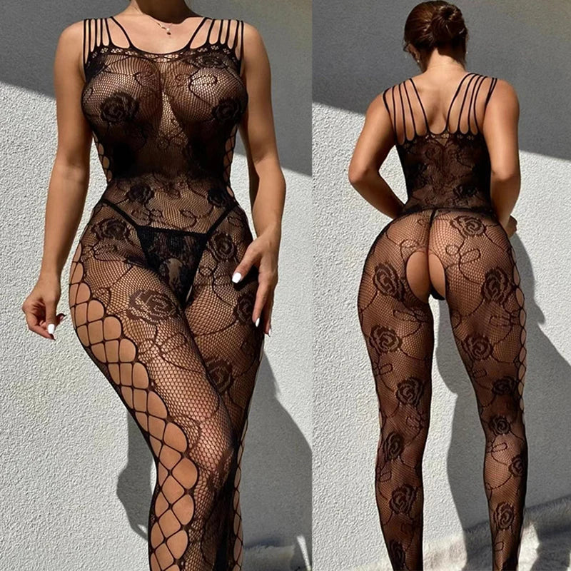Women's Sexy Lingerie Bra Set Erotic Crotchless Underwear Fishnet Bodysuit Transparent Mesh Hollow Bodystockings Adult Underwear