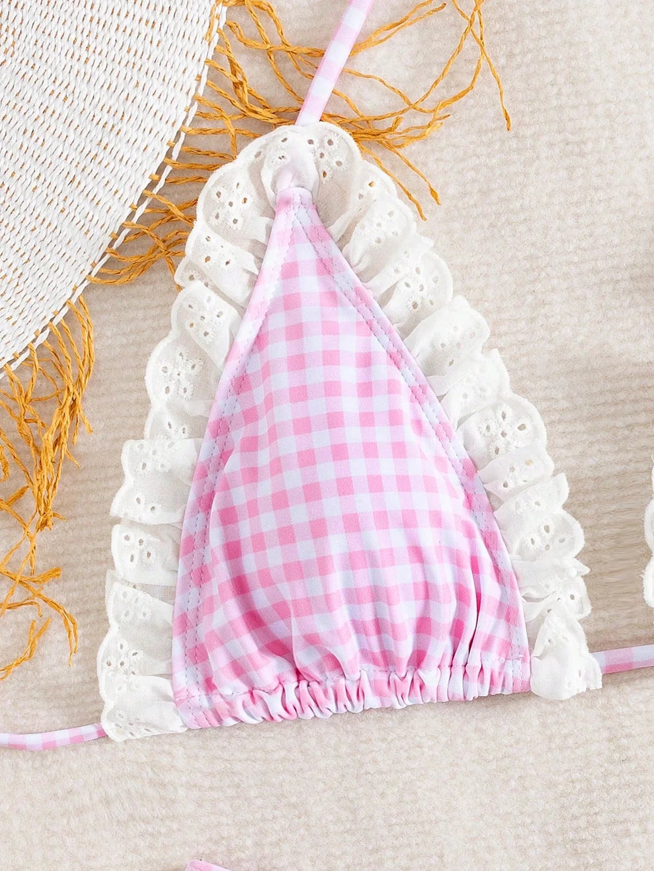 Cute Pink Plaid Print Micro Bikini 2026 Women Ruffles Lace Patchwork Push Up High Waist Swimsuit Bathing Suit Holiday Swimwear