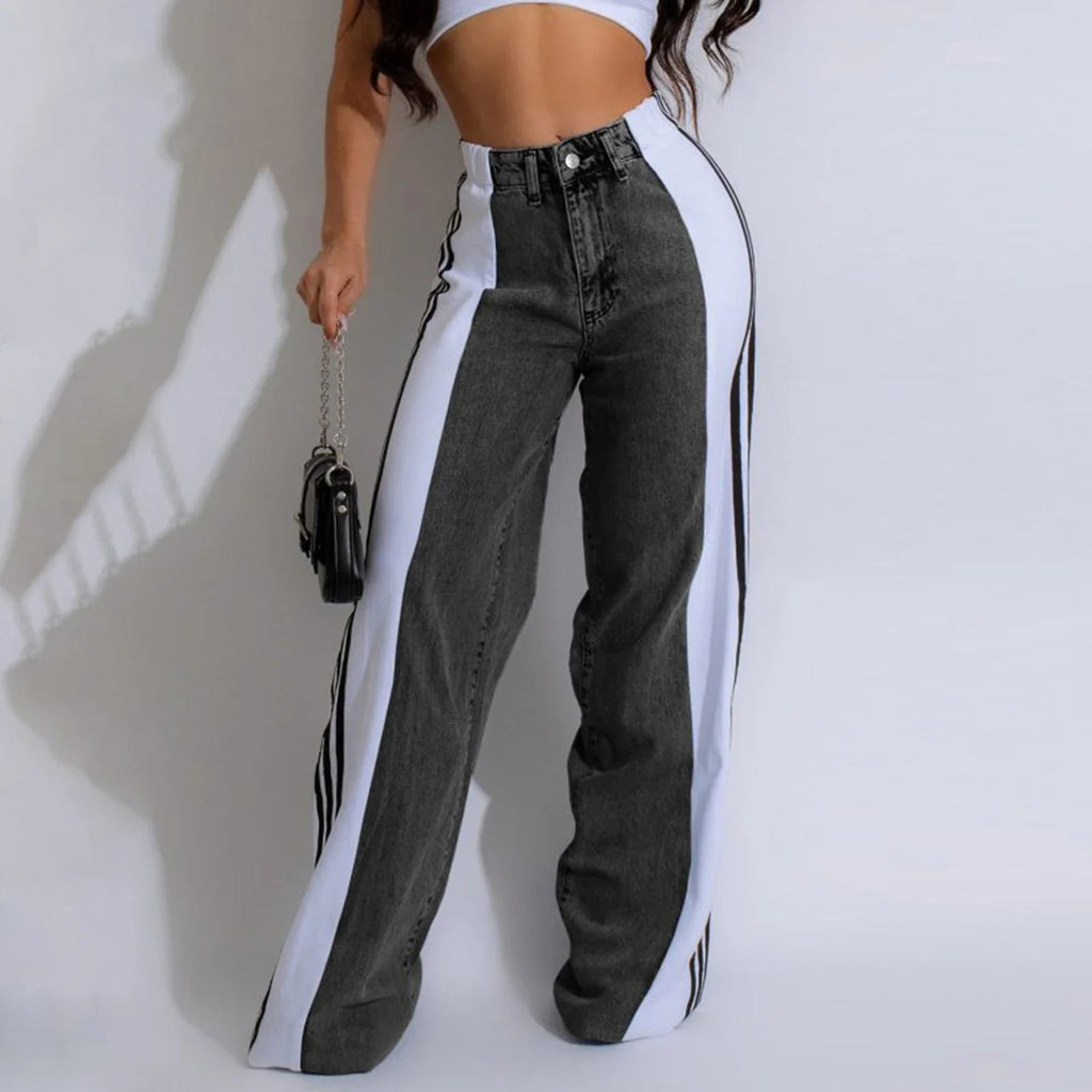 Women's Spring Summer Baggy Jeans Pants High Waist Loose Wide Leg Side Striped Denim Pants Streetwear