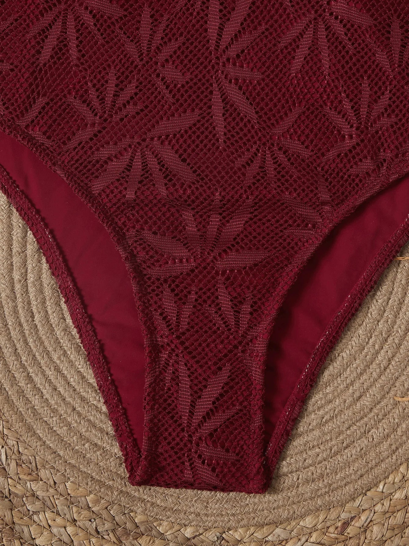 2026 Vintage Coffee Leaves Print One Piece Swimsuit Women Beaded String Hollow Out Backless Mesh Slim Fit Tummy Control Swimwear