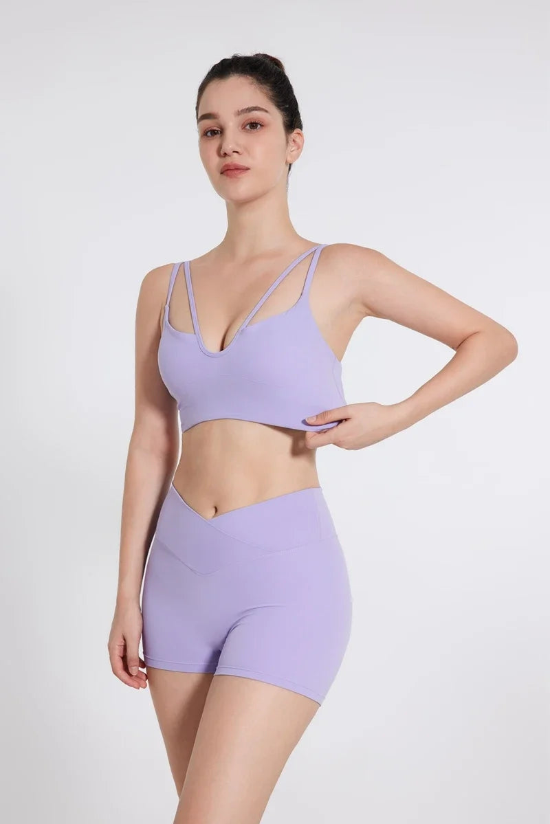 DIAS FIT JOY Women's Double Thin Shoulder Strap Yoga Vest with Chest Mat Sports Underwear V-neck Fitness Bra Yoga Back Beauty