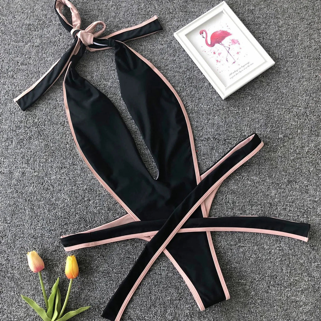 Sexy Bikini 2025 Swimsuit Woman Hollow Out Black Leopard Print Thong Swimwear Front Tie Bathing Suit Backless One Piece Swimsuit