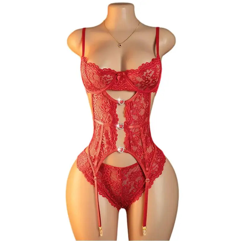 Adult Erotic Lingerie Women BodySuit Crotchless Sexy Temptation Lace Hollow Body Suit Pajamas Cosplay V-neck Hot UnderwearSet