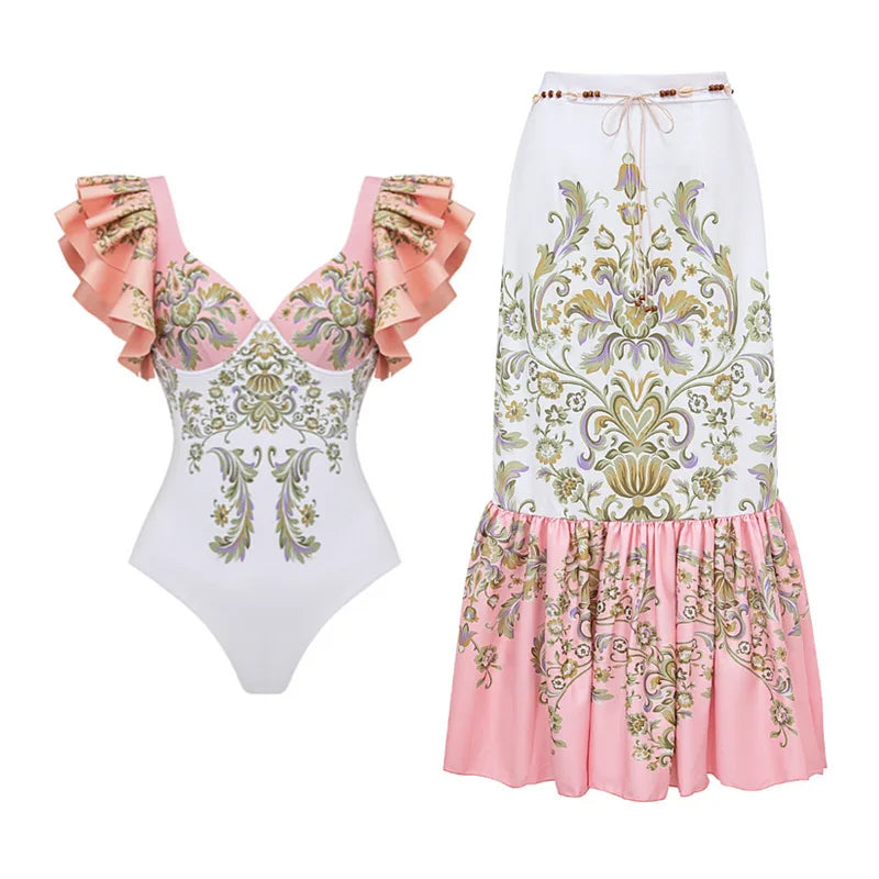 Vintage Pink Floral Print Swimsuit 2024 Ruffle Push Up Skirt Monokini Holiday Bathing Suit Tummy Control Swimwear Surf Wear