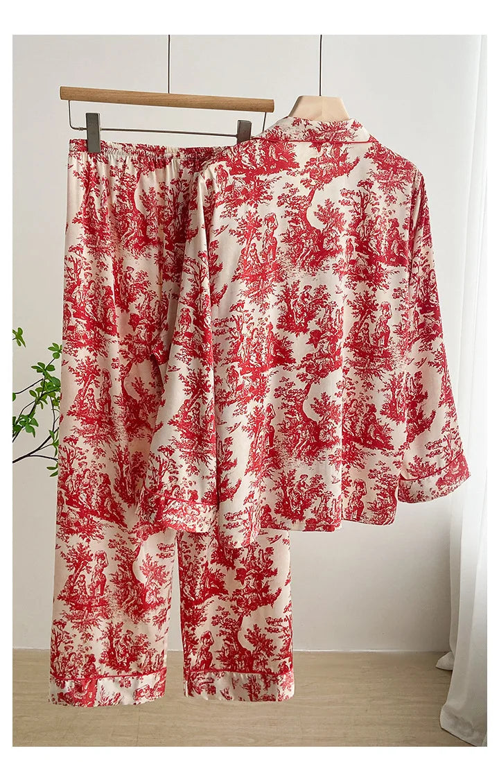 Ink Printed Ice and Snow Silk Pajama Set for Women Spring and Autumn Simple Small Lapel Long Sleeve Home Clothes Nightwear