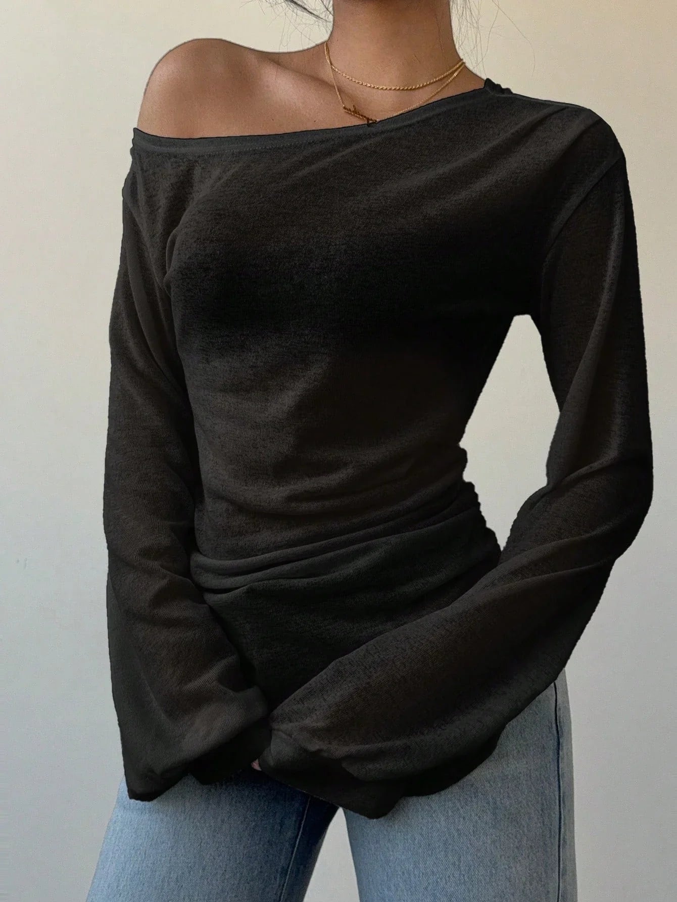 Women's Casual Solid Color Slope Collar Long Sleeved T-Shirt Loose Slouchy Style See-Through Off The Shoulder Top