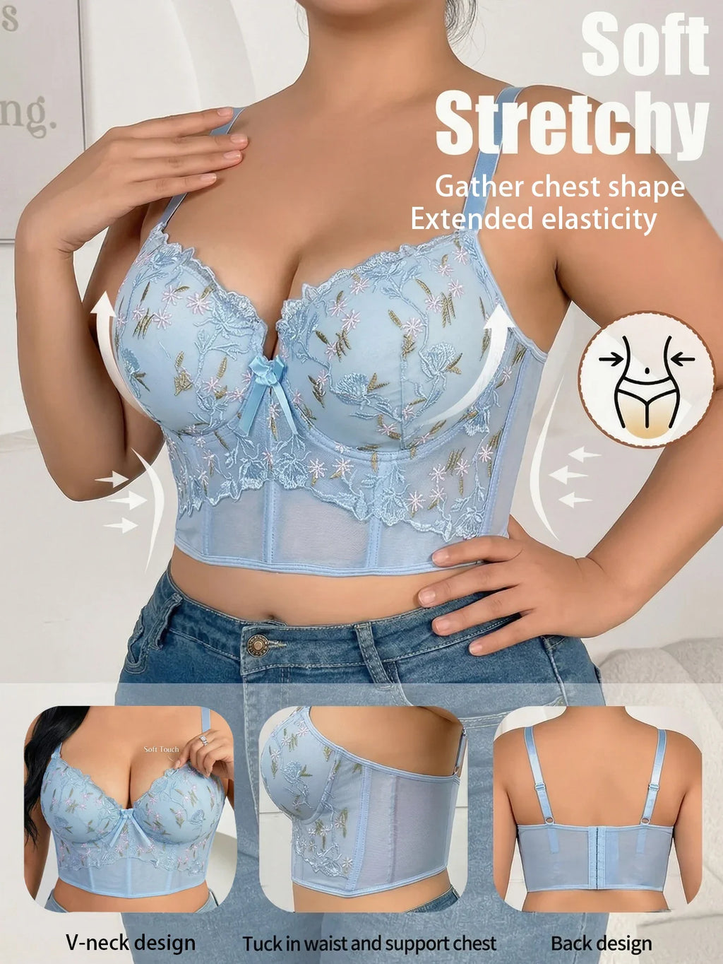 Plus Size Floral Embroidered Lace Bustier Bra – Push Up, Tummy Control & Non-Slip Corset Top