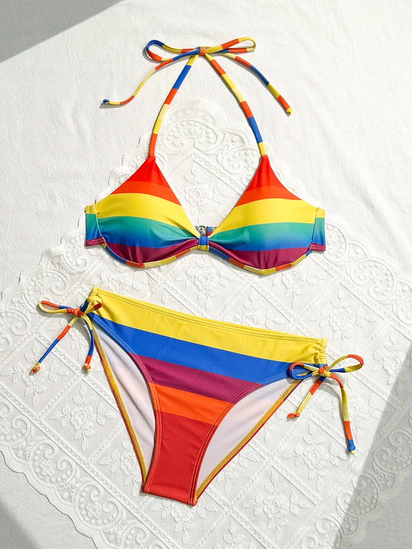 Women's Rainbow Color Bikini Set Sexy Beach Vacation Backless 2 Piece Swimsuit 2024 Summer Bathing Suit Bra Push Up Swimwear