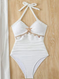 Vintage White One Piece Swimsuit 2026 Women Shell Starfish Ornament Pleate Tummy Control Swimwear Beach Holiday Bathing Suit