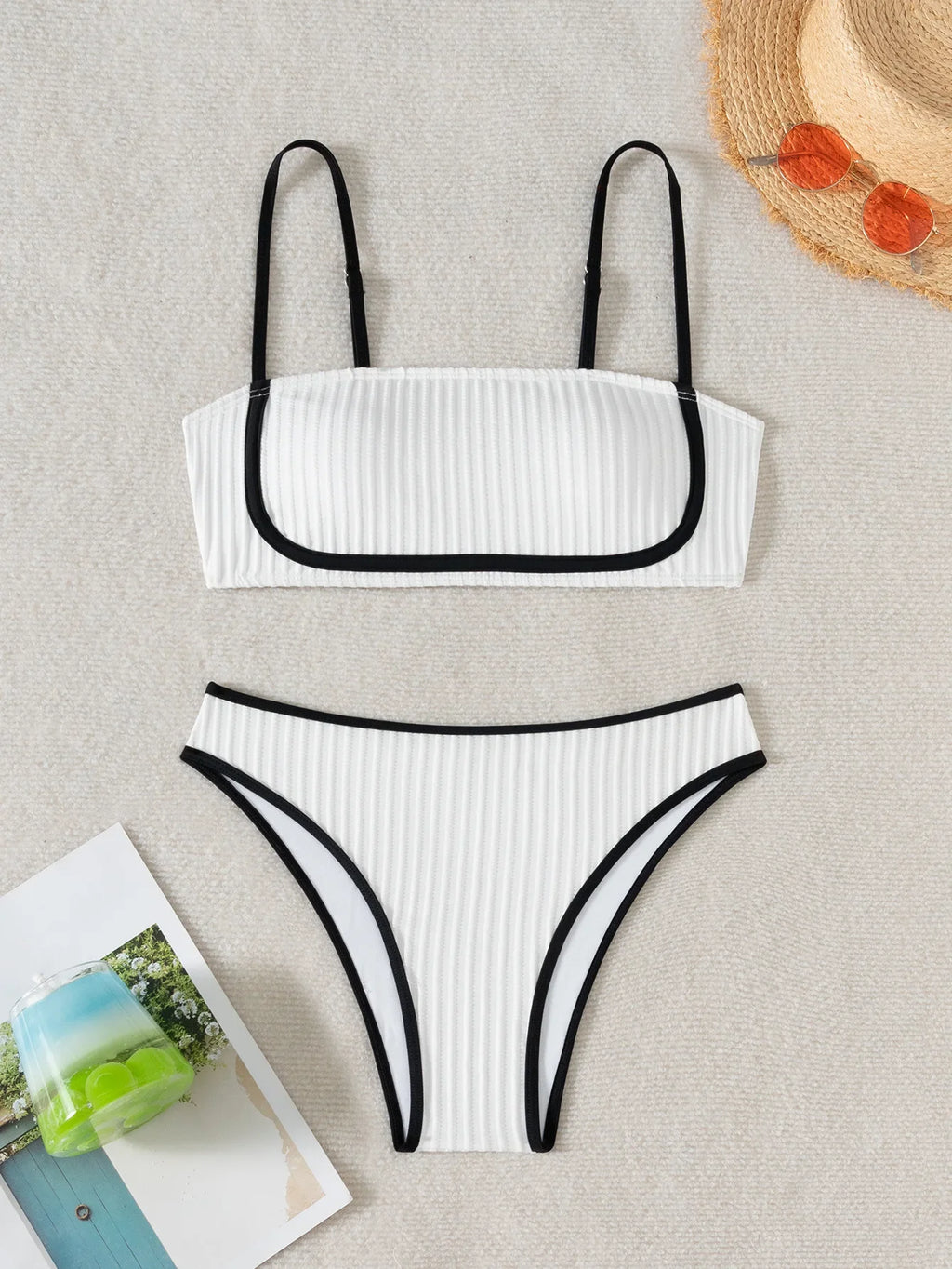 2025 Rib Piping Bandeau High-Rise Bottoms Bikini Set Trendy Beachwear Straight Neckline High Rise Swimwear Swimsuit Bathing Suit