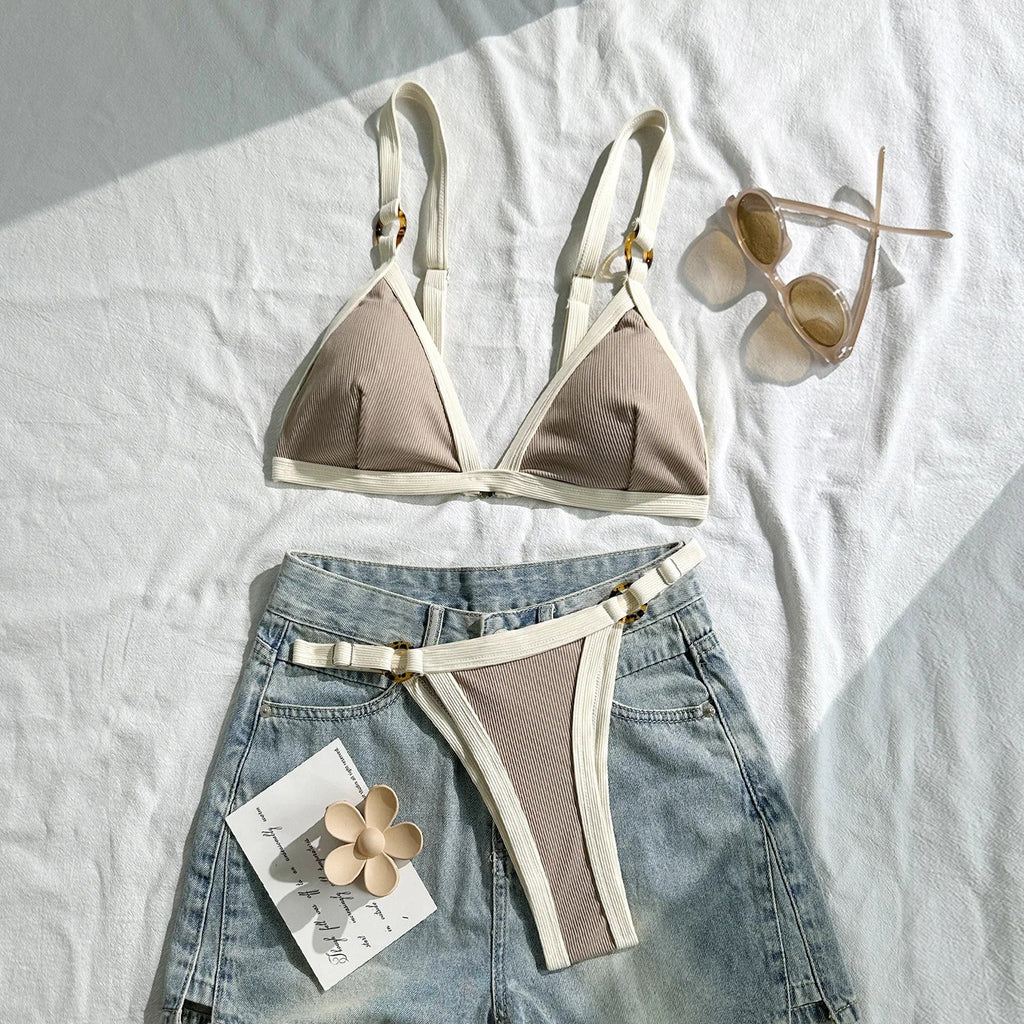 Sexy Khaki Patchwork Micro Bikini 2026 Women Brazilian Push Up Bra Metal Circle Thong Swimsuit Bathing Suit Holiday Swimwear