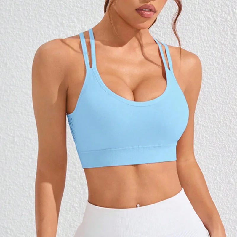 Color-blocked Yoga Top with Cross-straps Yoga Bra Stretchy Comfortable Breathable Sports Vest Wire-free Bra