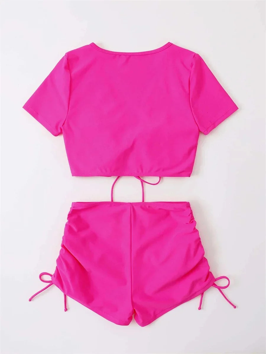 Sexy Drawstring Bikini Set 2026 Women Green Black Short Sleeve Two Piece Swimsuit Summer Bathing Suit Pleate High Waist Swimwear