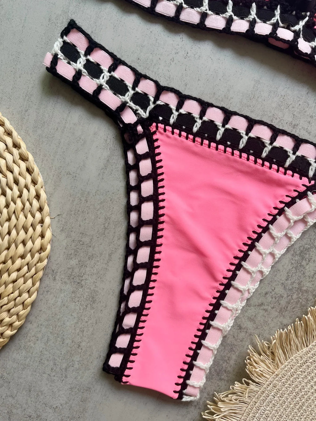 Sexy Black Patchwork Hand Crochet Bikini Set Women 2026 V Neck Push Up Bra Thong Swimsuit Beach Bathing Suit Knitted Swimwear