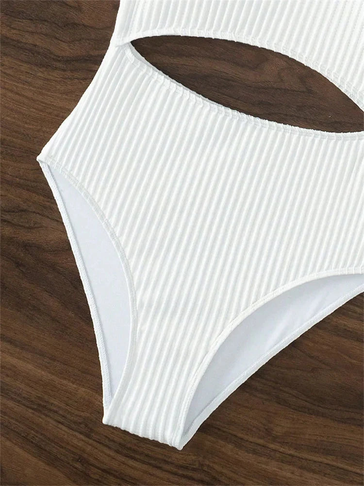 Sexy White One Piece Swimsuit Women New Hollow Out Swimwear 2024 Ribbed Bathing Suit Push Up Monokini Beach Swimming Suit Summer